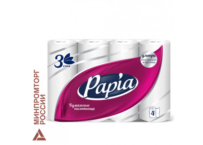 Полотенца бумажные бытовые, спайка 4 шт., 3-слойные (4х11,2 м), PAPIA, 23x13 см, белый, 5062170