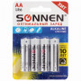 Батарейки КОМПЛЕКТ 4 шт., SONNEN Alkaline, АА (LR6, 15А), алкалиновые, пальчиковые, блистер, 451085