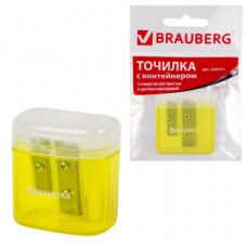 Точилка BRAUBERG Chief с контейнером, пластиковая, прямоугольная, 2 отверстия, с крышкой, ассорти, 226942