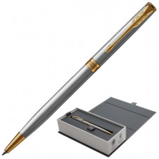 Ручка шариковая PARKER Sonnet Core Stainless Steel GT Slim, тонкая, корпус серебристый, позолоченные детали, черная, 1931508