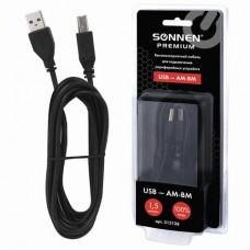 Кабель USB 2.0 AM-BM, 1,5 м, SONNEN Premium, медь, для периферии, экранирующая фольга, черный, 513128