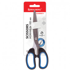 Ножницы BRAUBERG Classic+, 185 мм, классической формы, резиновые вставки, черно-синие, 236448